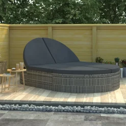 vidaXL Ligbed met kussens 2-persoons poly rattan grijs