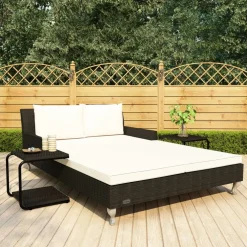 vidaXL Ligbed met kussens 2-persoons poly rattan zwart