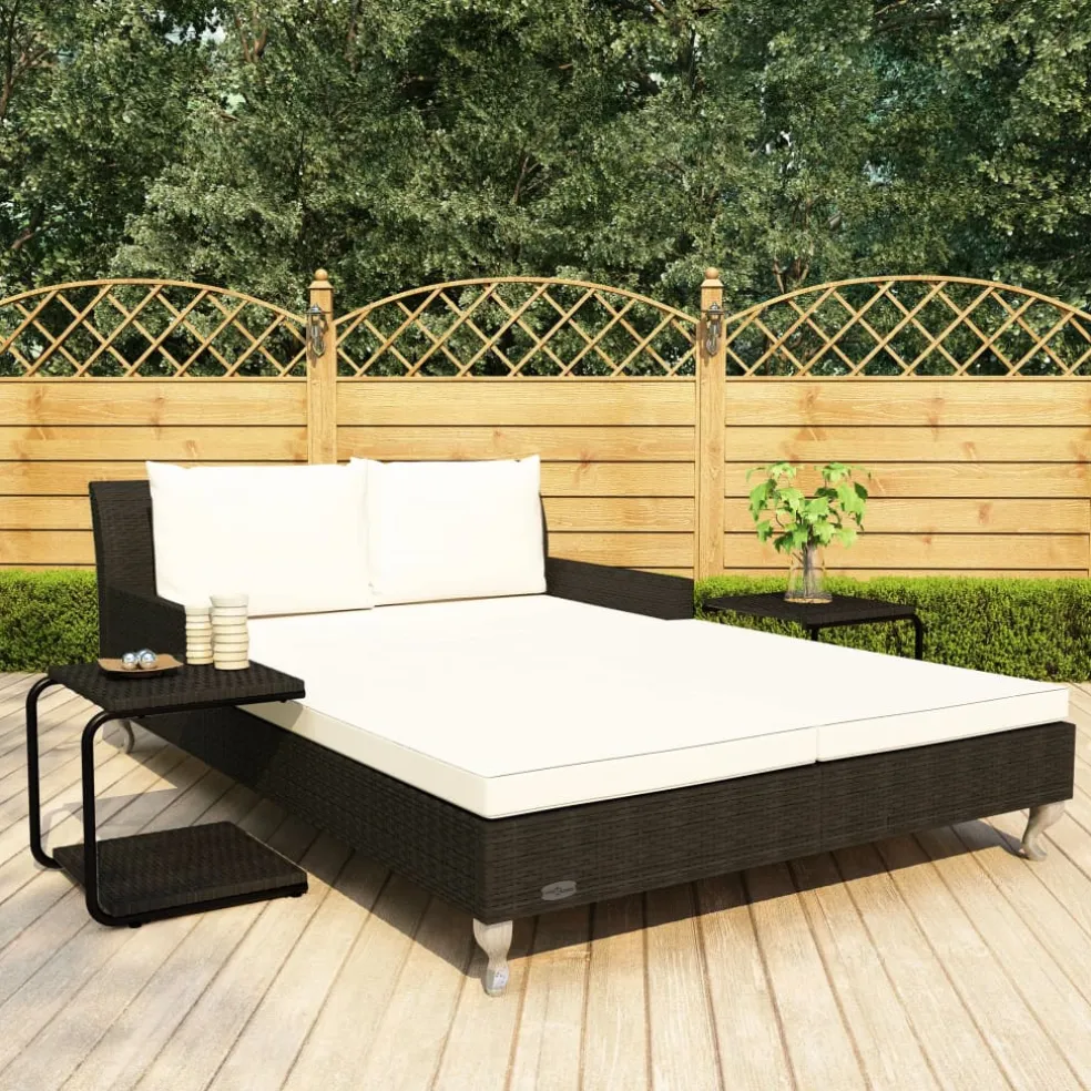 vidaXL Ligbed met kussens 2-persoons poly rattan zwart