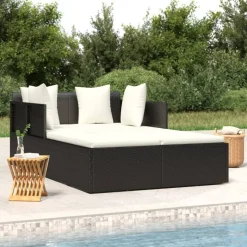 vidaXL Ligbed met kussens 182x118x63 cm poly rattan zwart