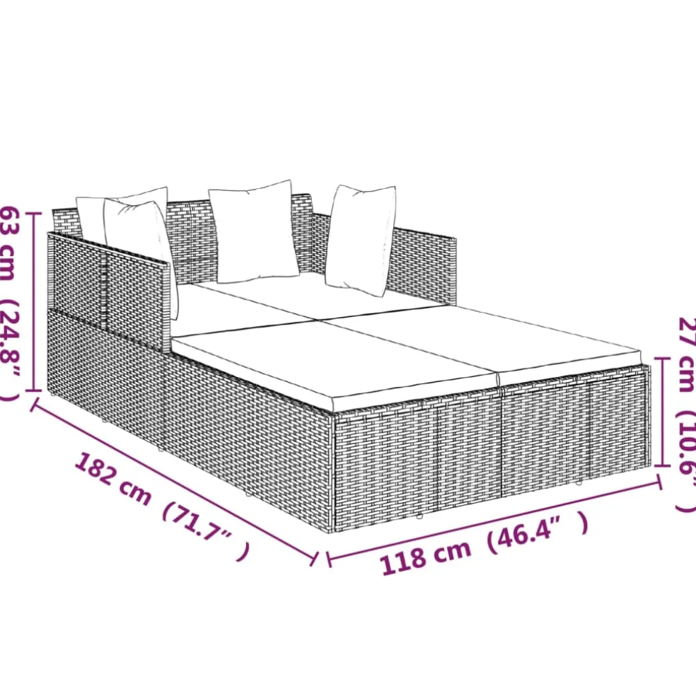 vidaXL Ligbed met kussens 182x118x63 cm poly rattan bruin