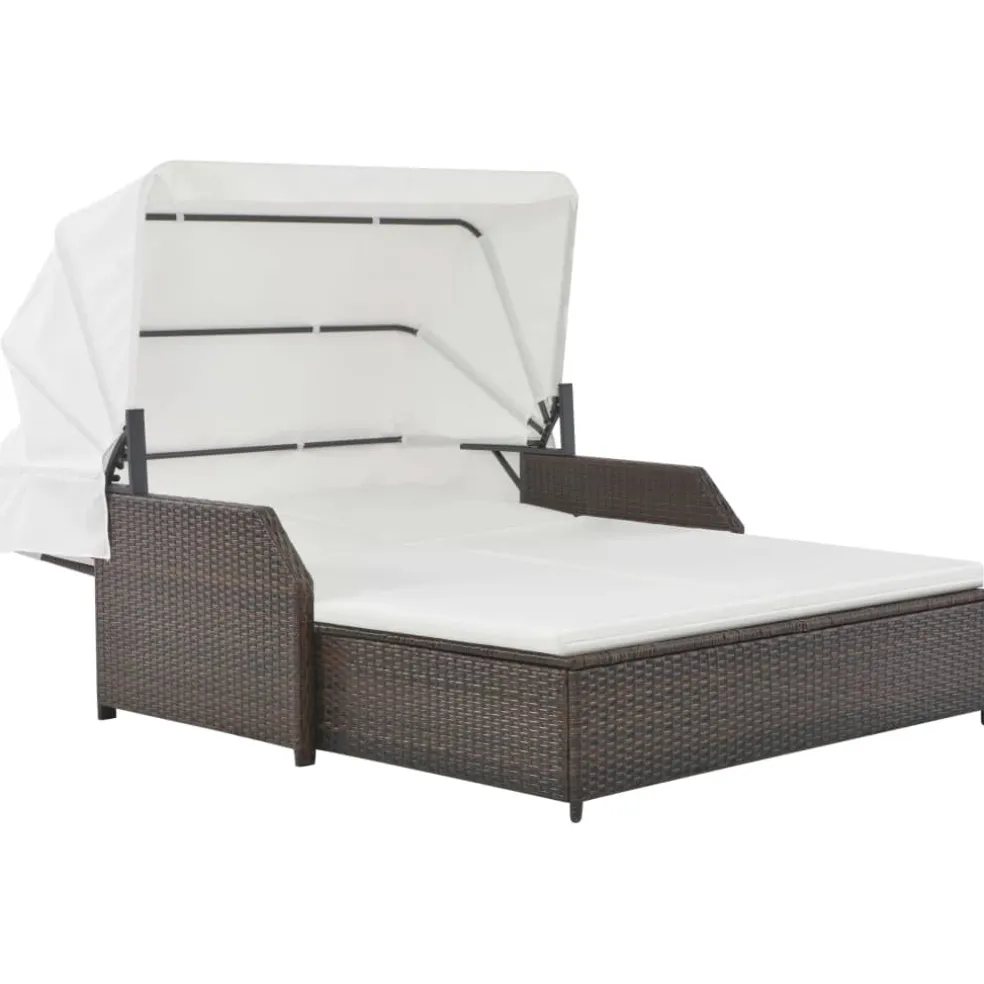vidaXL Ligbed 2-persoons met luifel poly rattan bruin