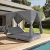 vidaXL Loungebed met gordijnen poly rattan grijs