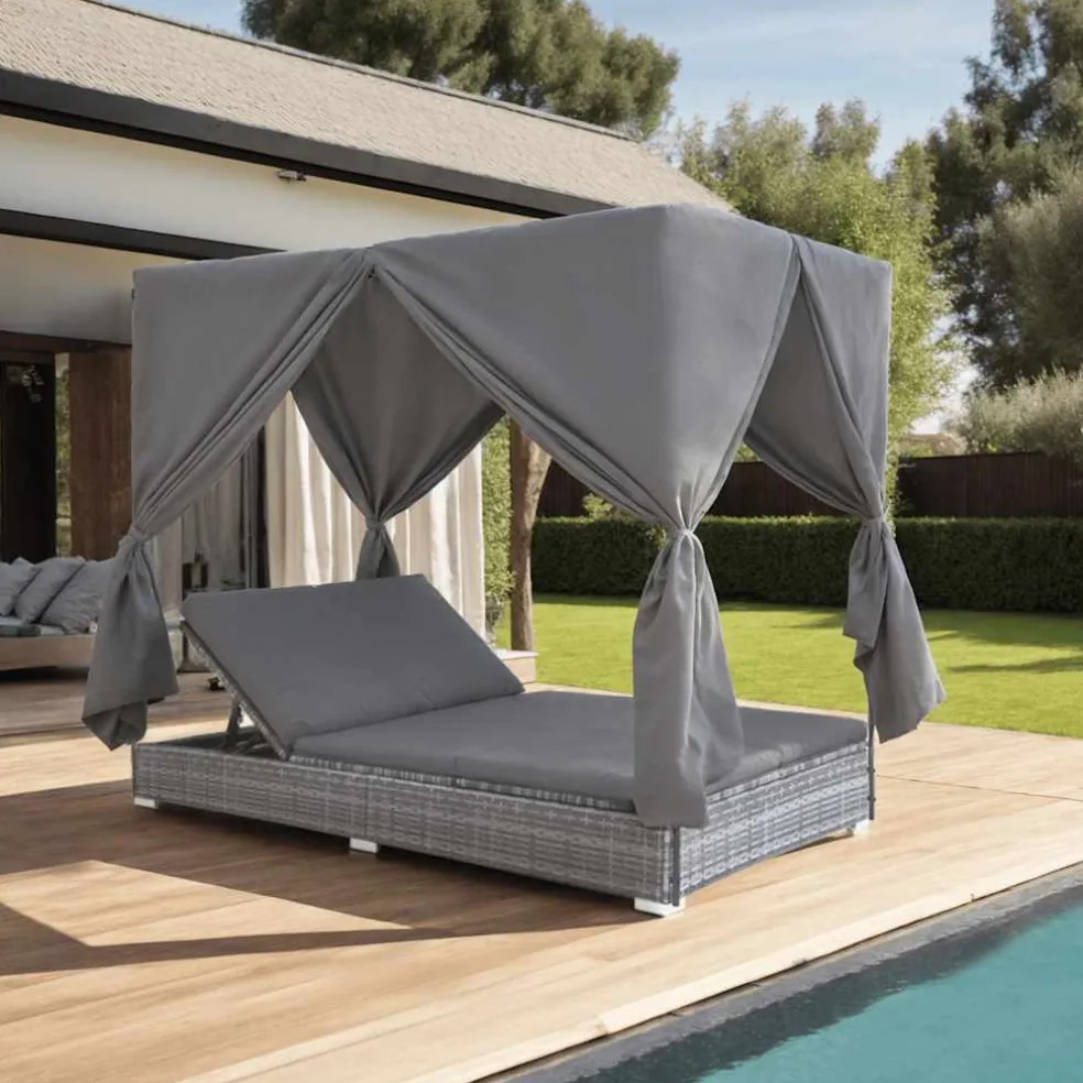 vidaXL Loungebed met gordijnen poly rattan grijs