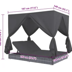 vidaXL Loungebed met gordijnen poly rattan grijs