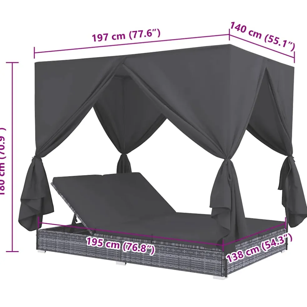 vidaXL Loungebed met gordijnen poly rattan grijs