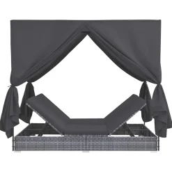 vidaXL Loungebed met gordijnen poly rattan grijs