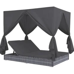 vidaXL Loungebed met gordijnen poly rattan grijs