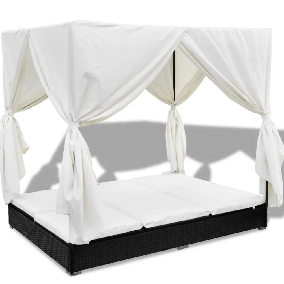 vidaXL Loungebed met gordijnen poly rattan zwart