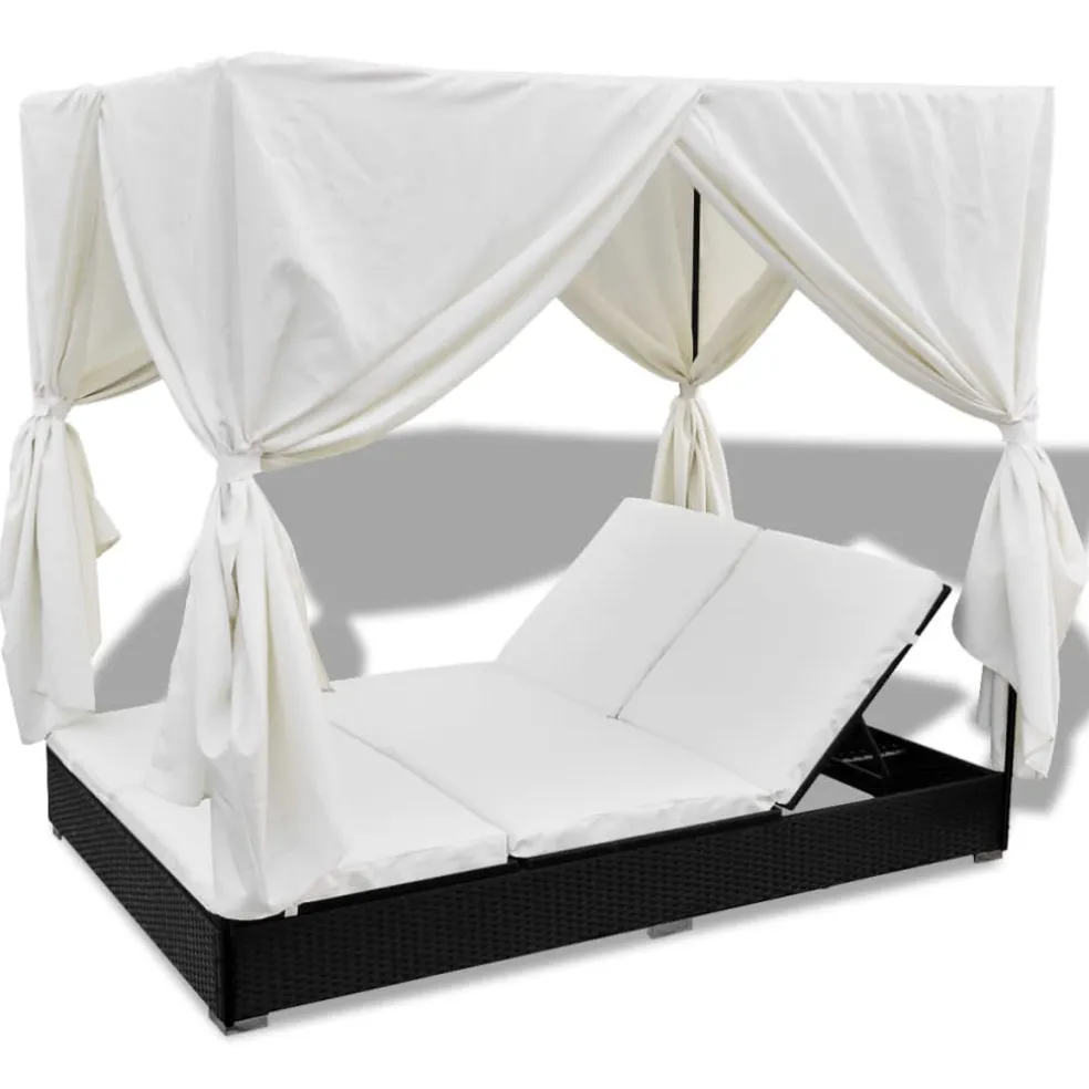 vidaXL Loungebed met gordijnen poly rattan zwart