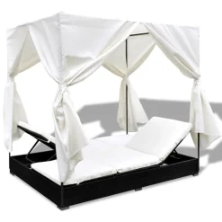 vidaXL Loungebed met gordijnen poly rattan zwart