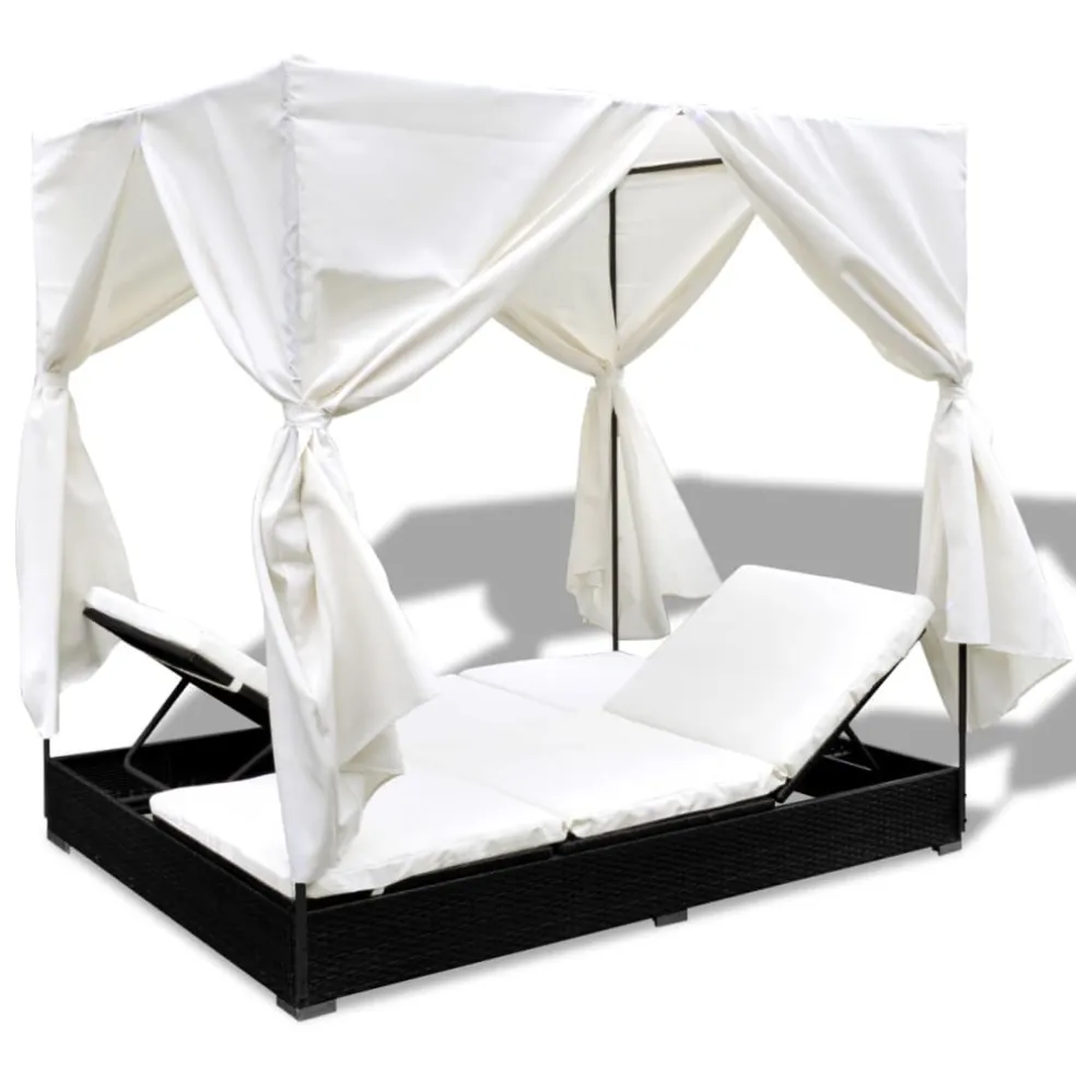 vidaXL Loungebed met gordijnen poly rattan zwart
