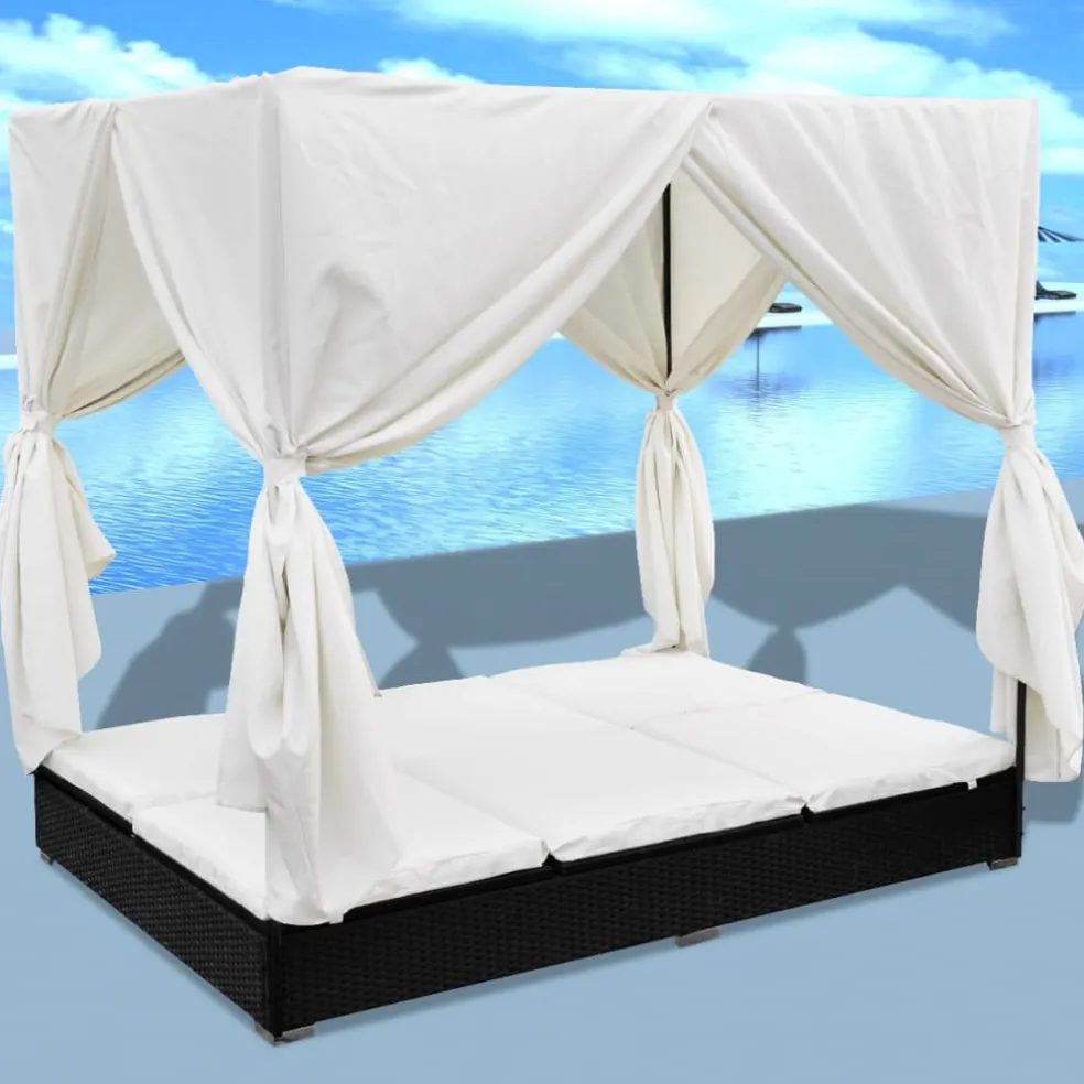 vidaXL Loungebed met gordijnen poly rattan zwart
