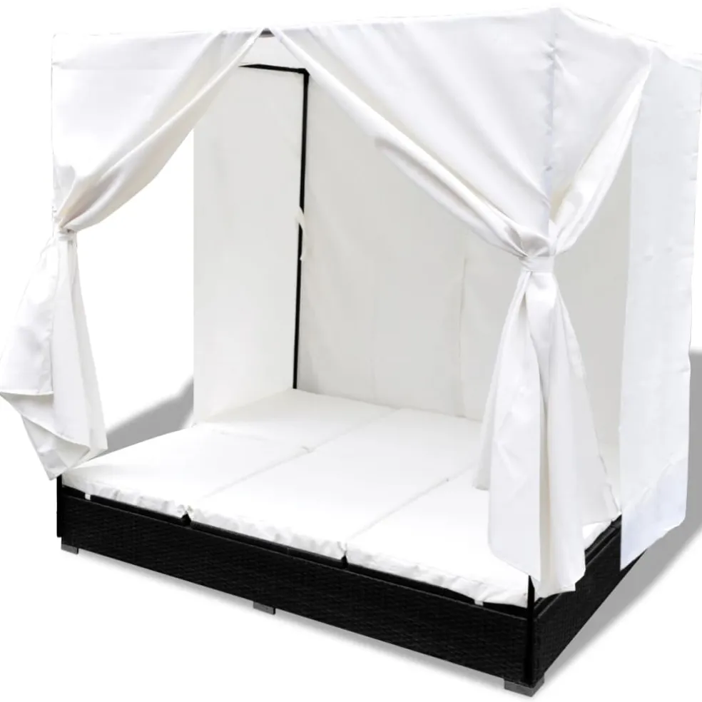 vidaXL Loungebed met gordijnen poly rattan zwart