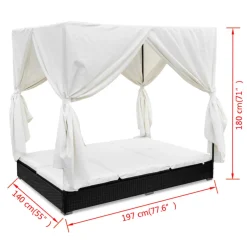 vidaXL Loungebed met gordijnen poly rattan zwart
