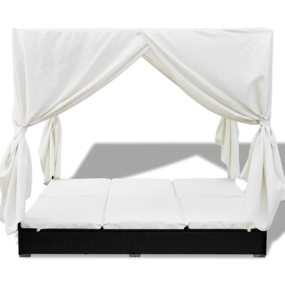 vidaXL Loungebed met gordijnen poly rattan zwart