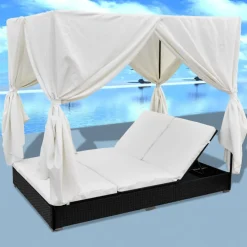 vidaXL Loungebed met gordijnen poly rattan zwart