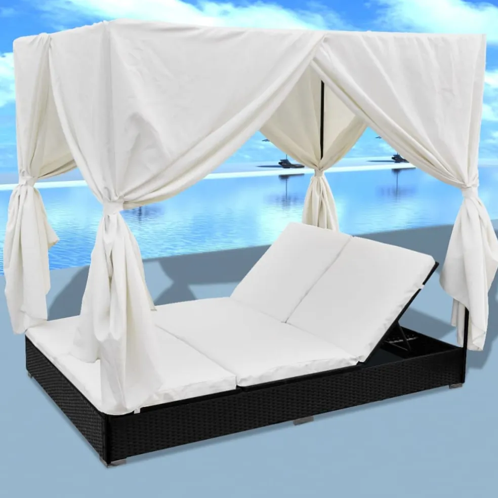 vidaXL Loungebed met gordijnen poly rattan zwart