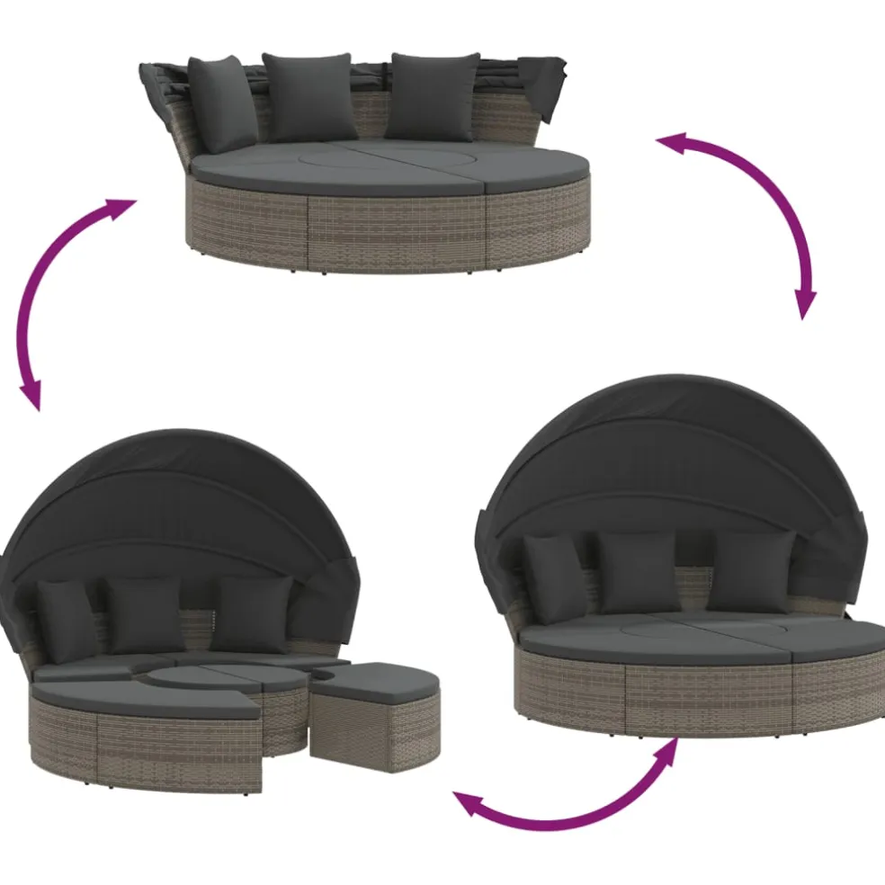 vidaXL Loungebed met luifel en kussens poly rattan grijs