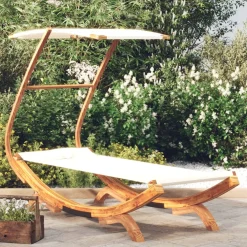 vidaXL Loungebed met luifel 100x190x134 cm massief gebogen hout crème