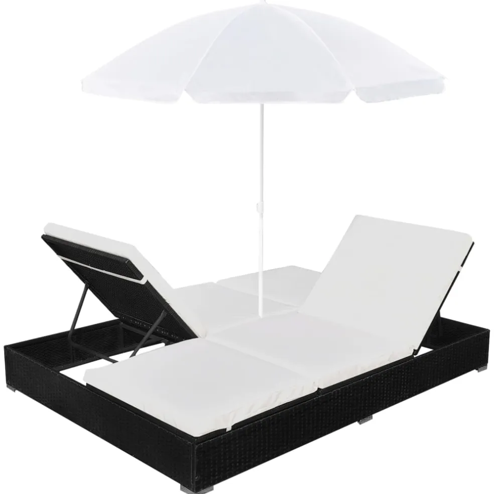 vidaXL Loungebed met parasol poly rattan zwart