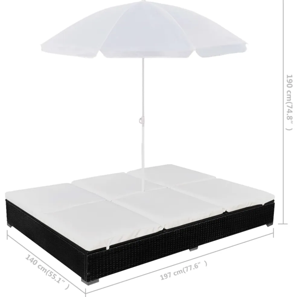 vidaXL Loungebed met parasol poly rattan zwart