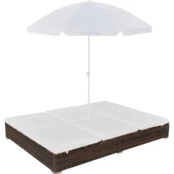 vidaXL Loungebed met parasol poly rattan bruin