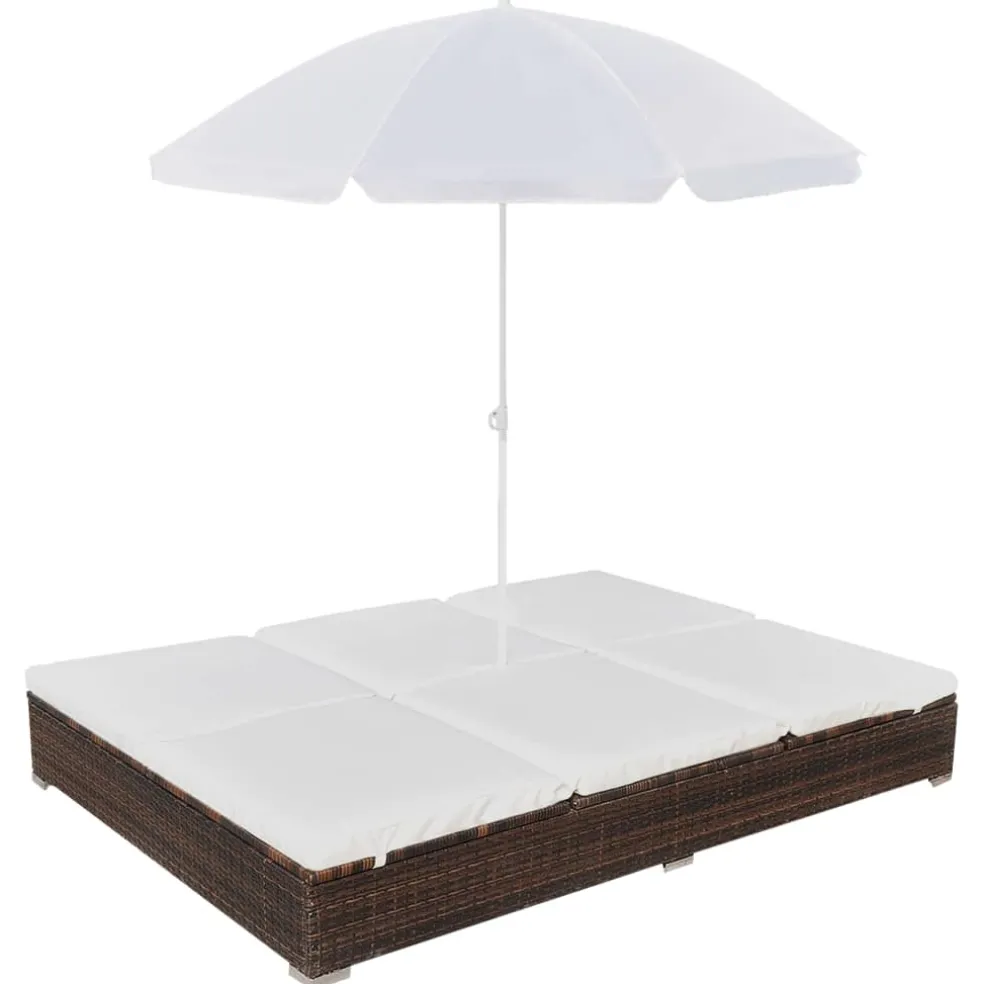 vidaXL Loungebed met parasol poly rattan bruin