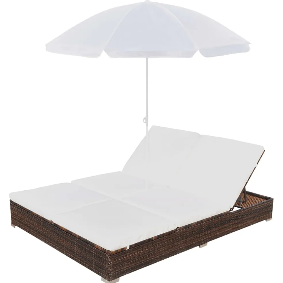 vidaXL Loungebed met parasol poly rattan bruin