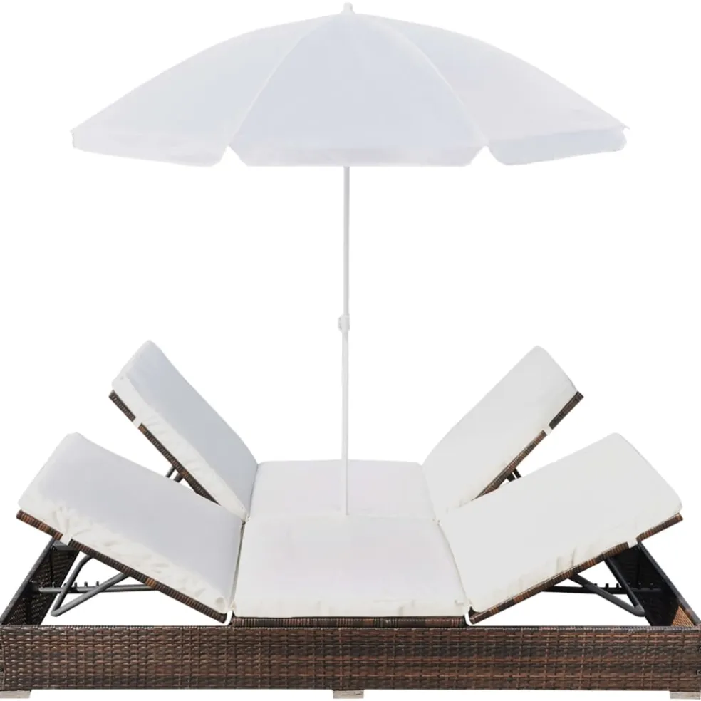 vidaXL Loungebed met parasol poly rattan bruin