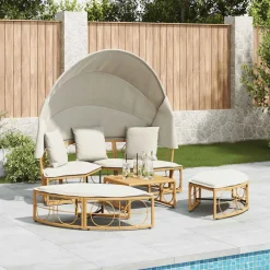 vidaXL Loungebed voor buiten met luifel en kussens poly rattan