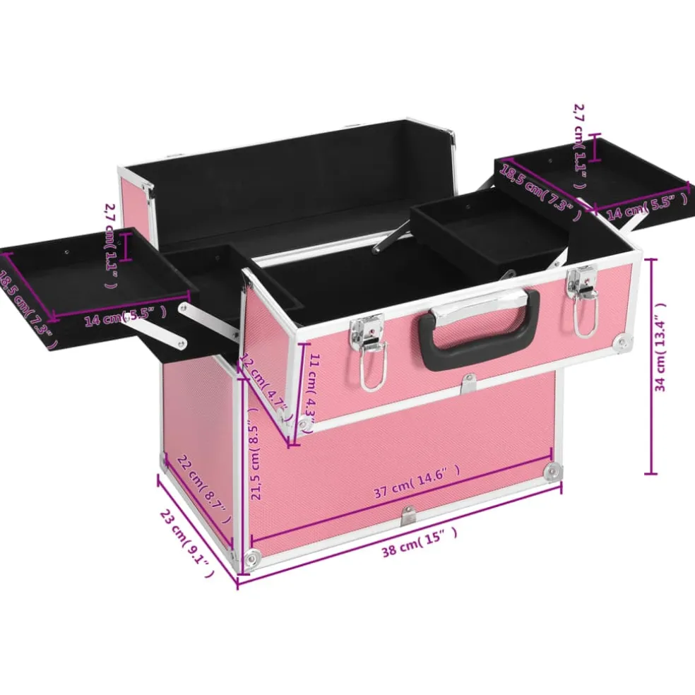 vidaXL Make-up koffer 38x23x34 cm aluminium roze
