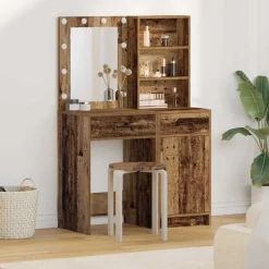 vidaXL Make-up tafel set met LED 2 st Oudhout Bewerkt hout