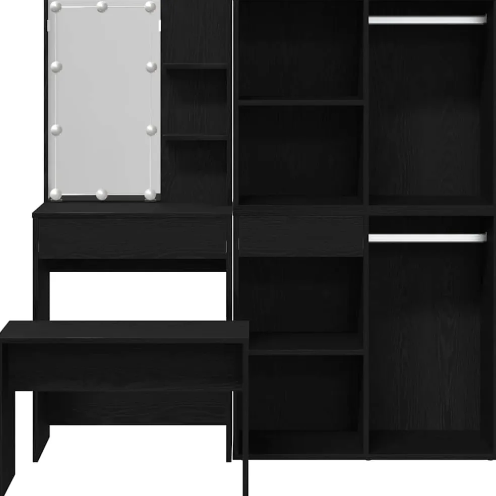 vidaXL Make-up tafel set met LED 4 st Zwart Eiken Bewerkt hout