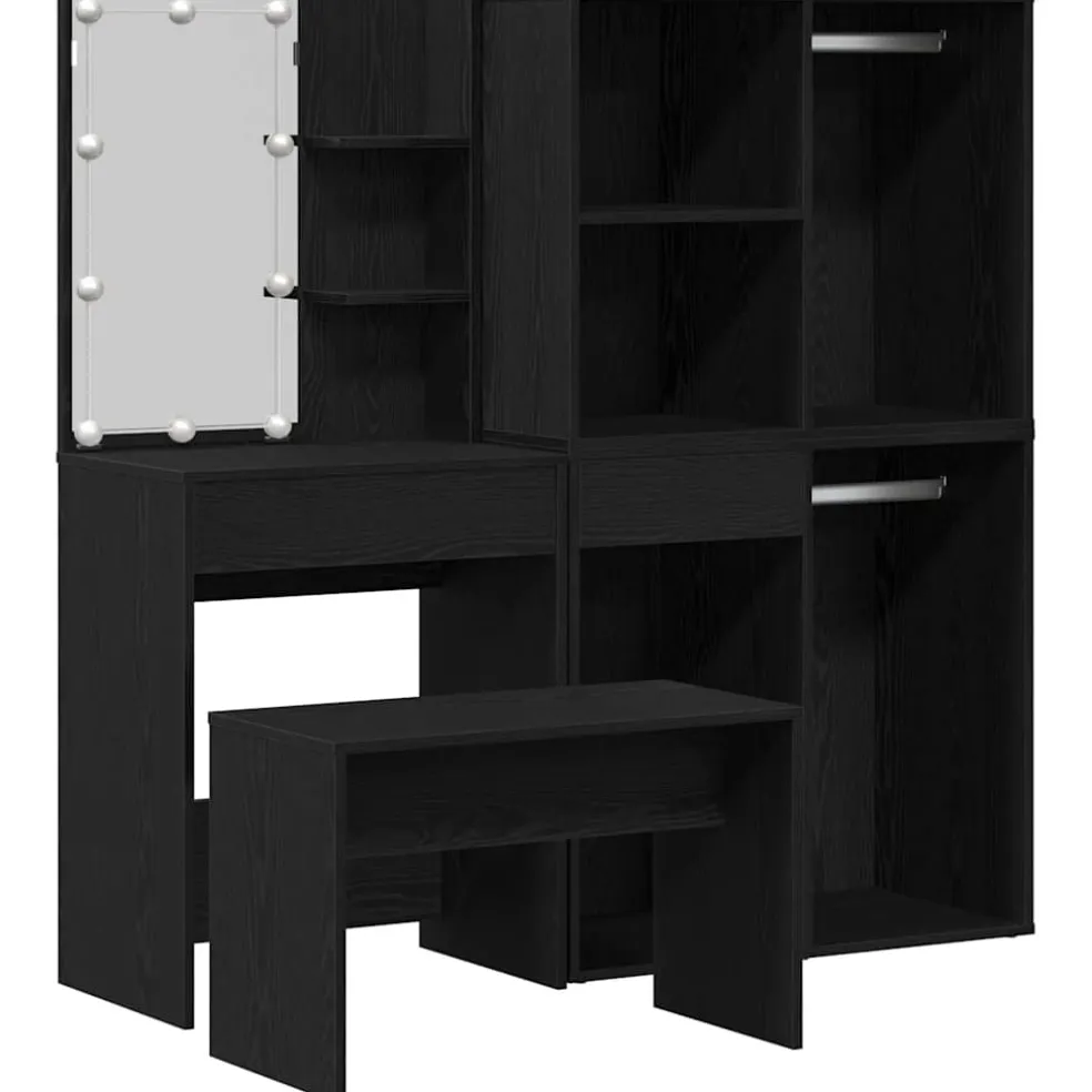 vidaXL Make-up tafel set met LED 4 st Zwart Eiken Bewerkt hout