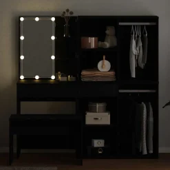 vidaXL Make-up tafel set met LED 4 st Zwart Eiken Bewerkt hout