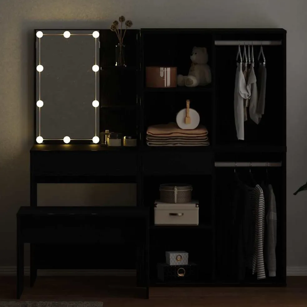 vidaXL Make-up tafel set met LED 4 st Zwart Eiken Bewerkt hout