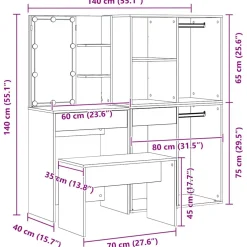 vidaXL Make-up tafel set met LED 4 st Zwart Eiken Bewerkt hout