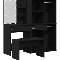 vidaXL Make-up tafel set met LED 4 st Zwart Eiken Bewerkt hout