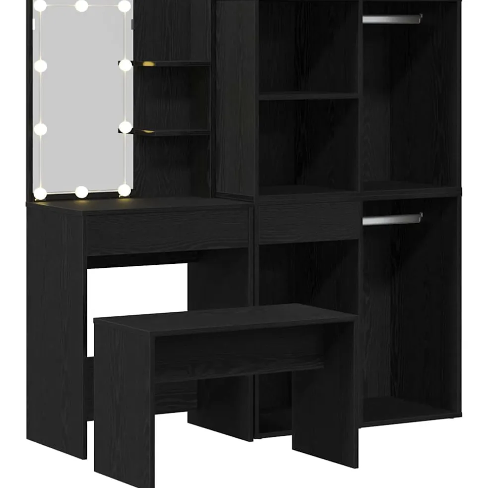 vidaXL Make-up tafel set met LED 4 st Zwart Eiken Bewerkt hout