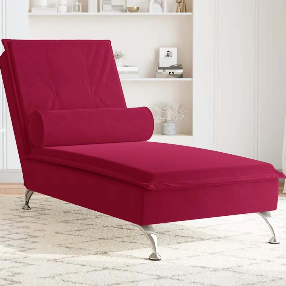 vidaXL Massage chaise longue met bolster fluweel wijnrood