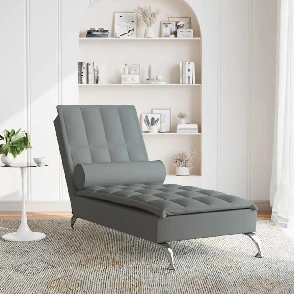 vidaXL Massage chaise longue met bolster stof donkergrijs
