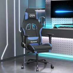 vidaXL Massage gamestoel met voetensteun stof zwart en blauw