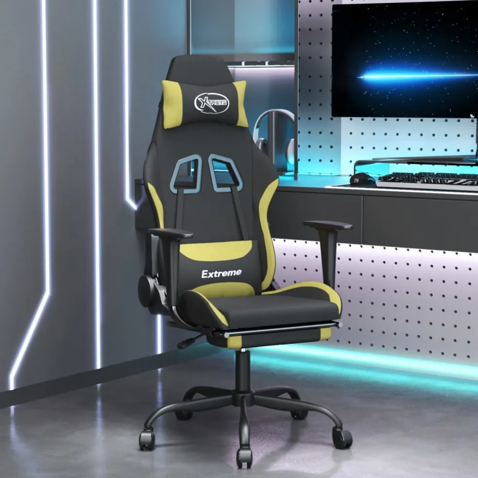 vidaXL Massage gamestoel met voetensteun stof zwart en lichtgroen