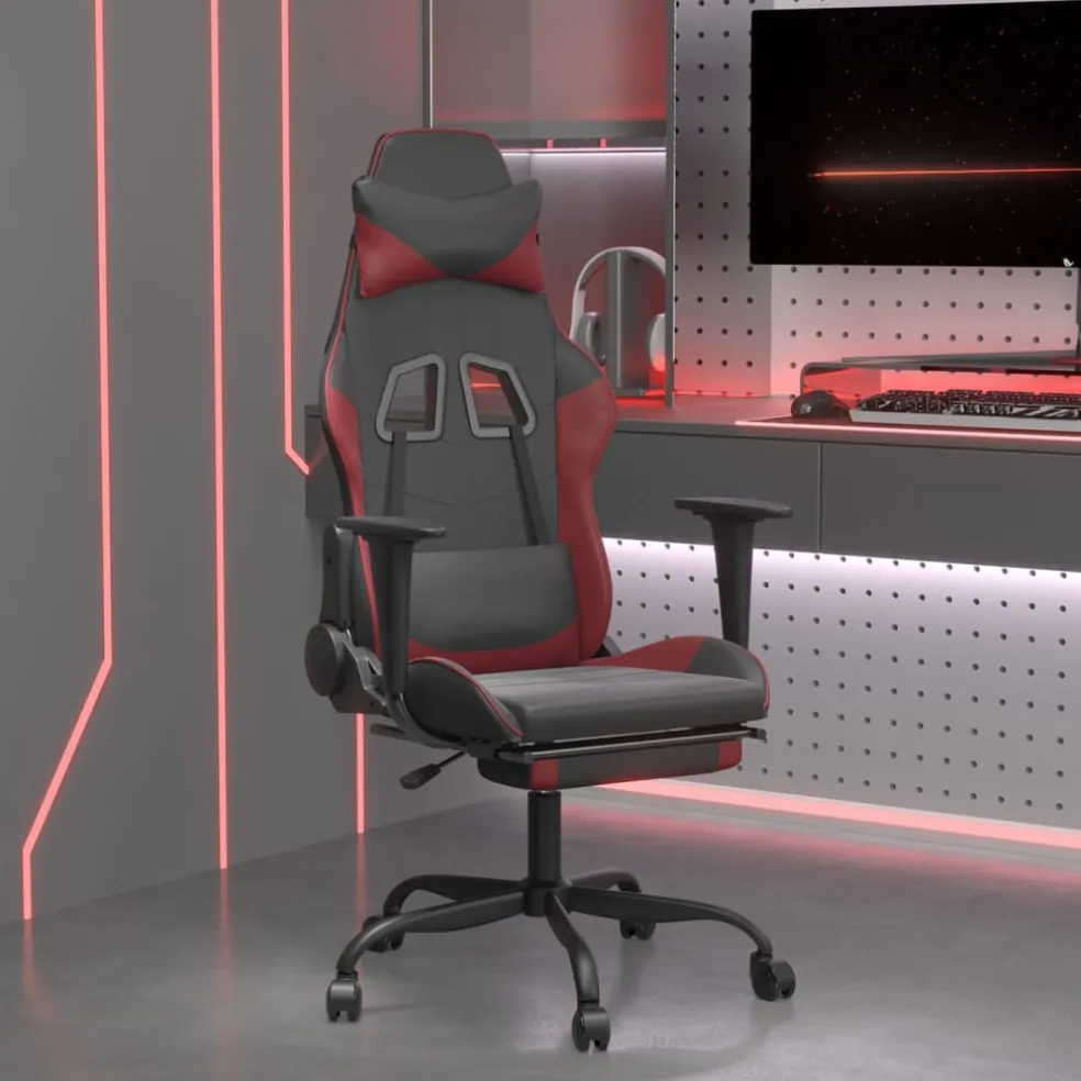 vidaXL Massage gamestoel met voetensteun kunstleer zwart en wijnrood
