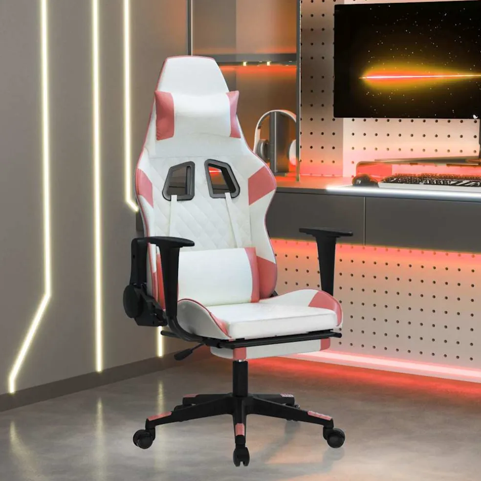 vidaXL Massage gamestoel met voetensteun kunstleer wit en roze