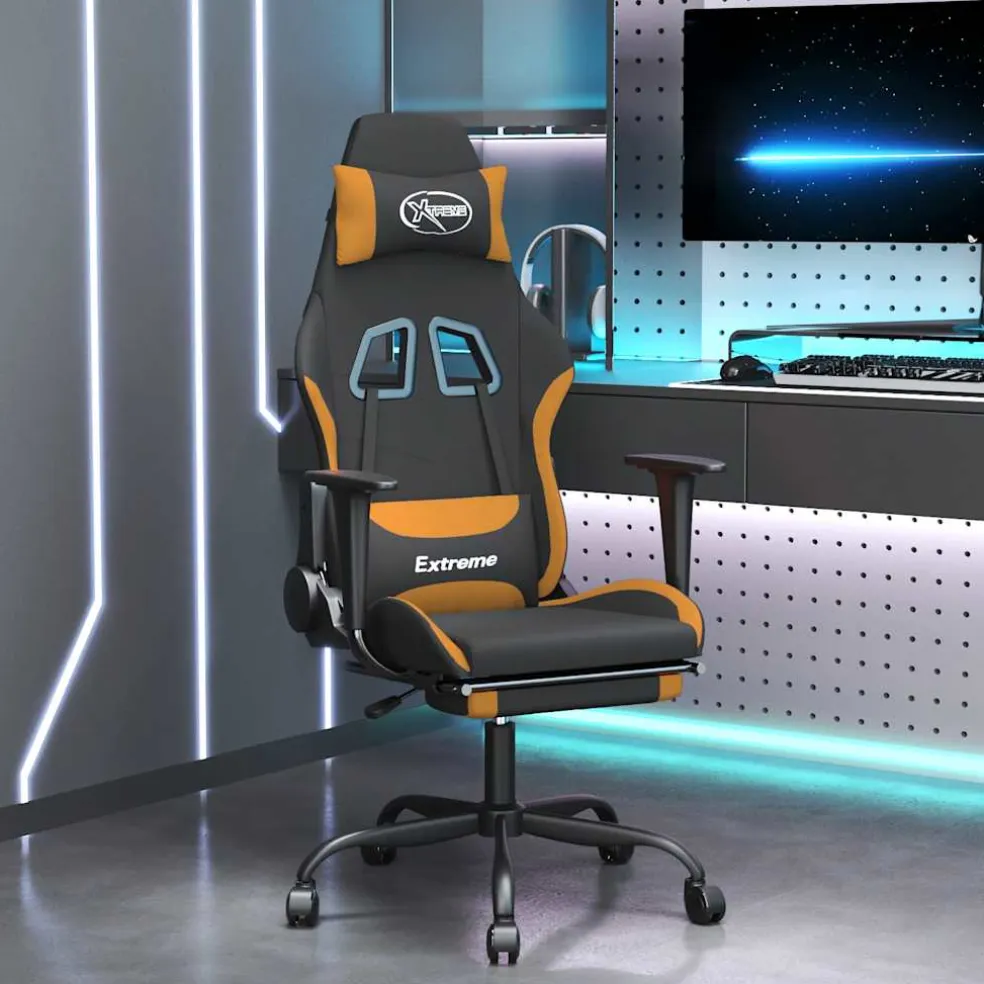vidaXL Massage gamestoel met voetensteun stof zwart en oranje