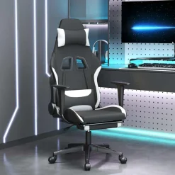 vidaXL Massage gamestoel met voetensteun stof zwart en wit