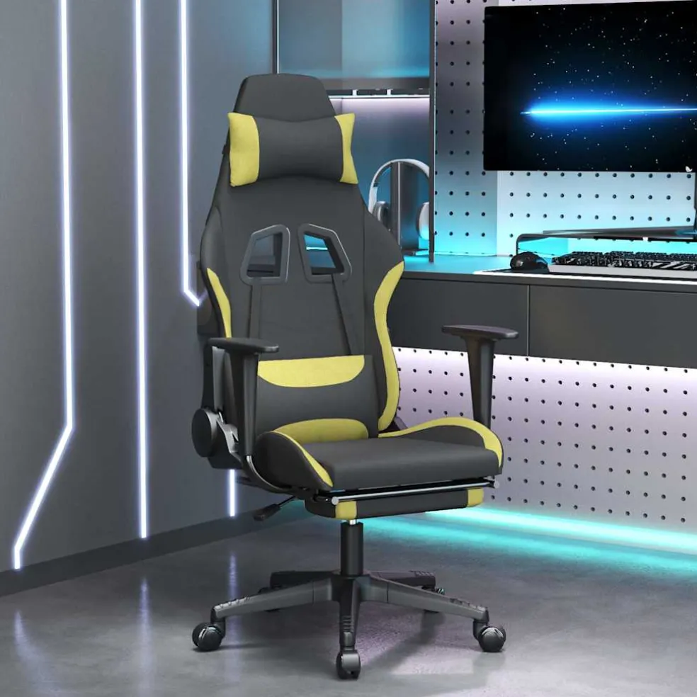 vidaXL Massage gamestoel met voetensteun stof zwart en lichtgroen