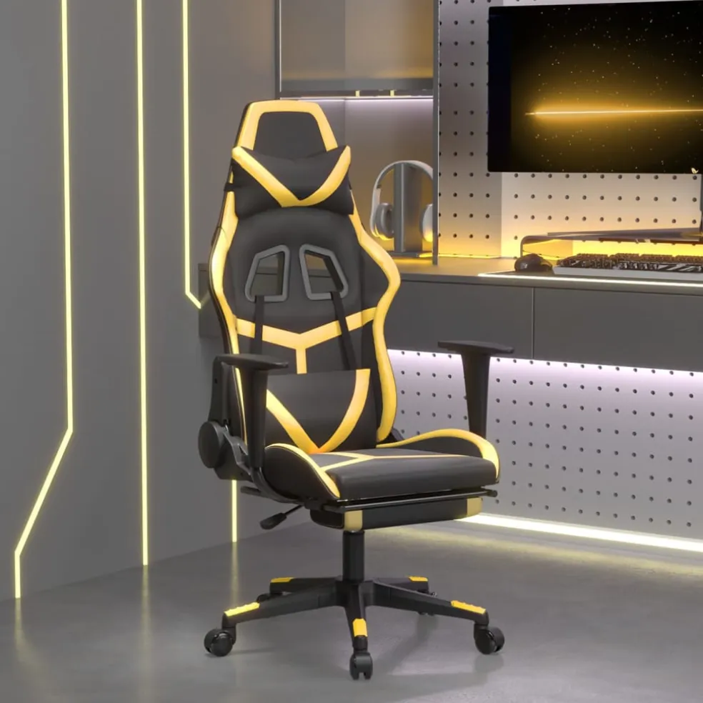 vidaXL Massage gamestoel met voetensteun kunstleer zwart & goudkleurig